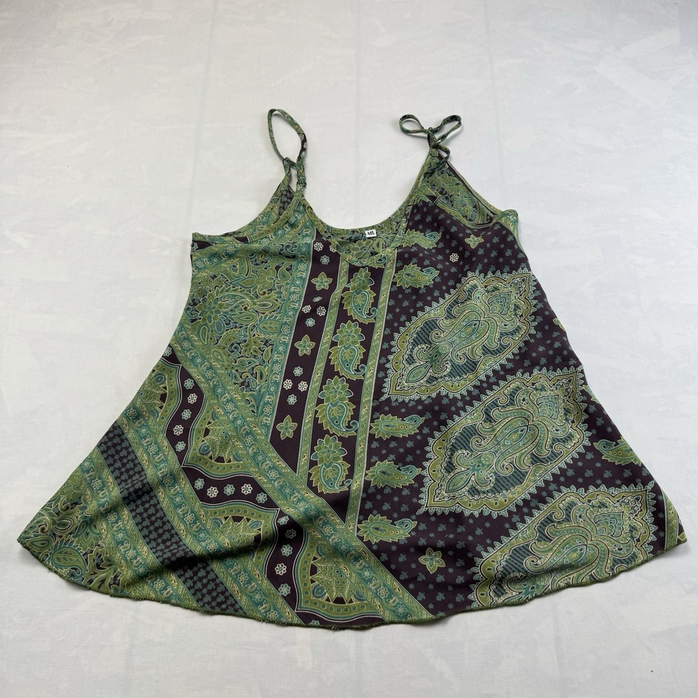 Womens Boho Paisley Swing Tank Top M/L Green Purple Flowy Festival